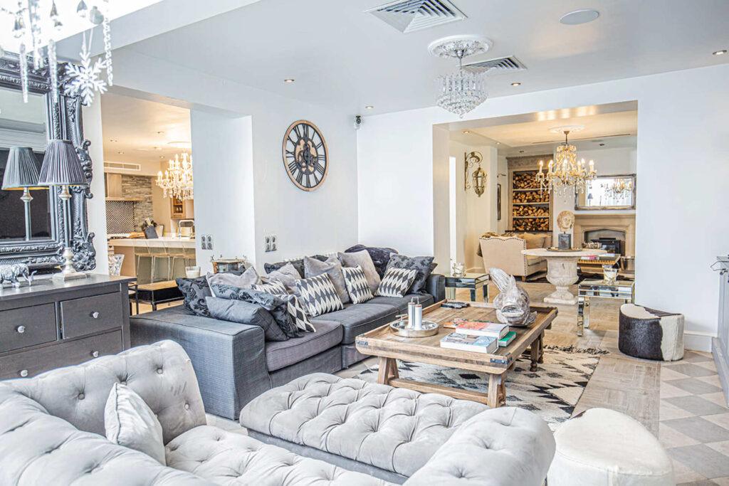 Luxury interior living room/kitchen/dining room at Villa Cap Élan, Cap d'Antibes