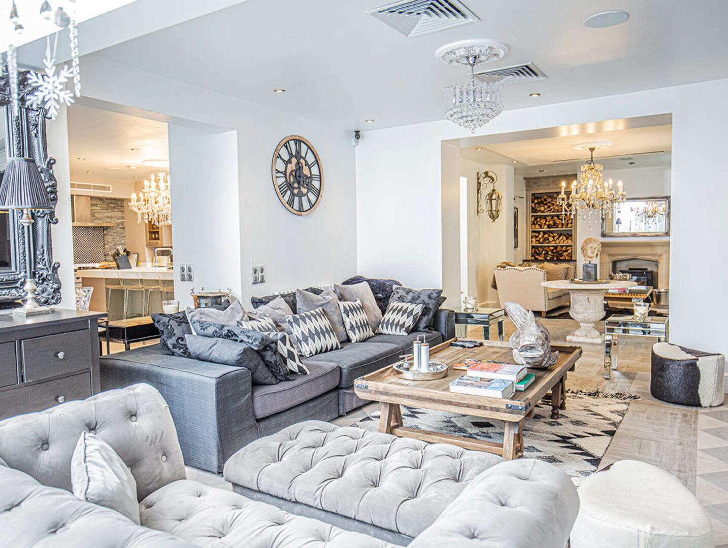 Luxury interior living room/kitchen/dining room at Villa Cap Élan, Cap d'Antibes