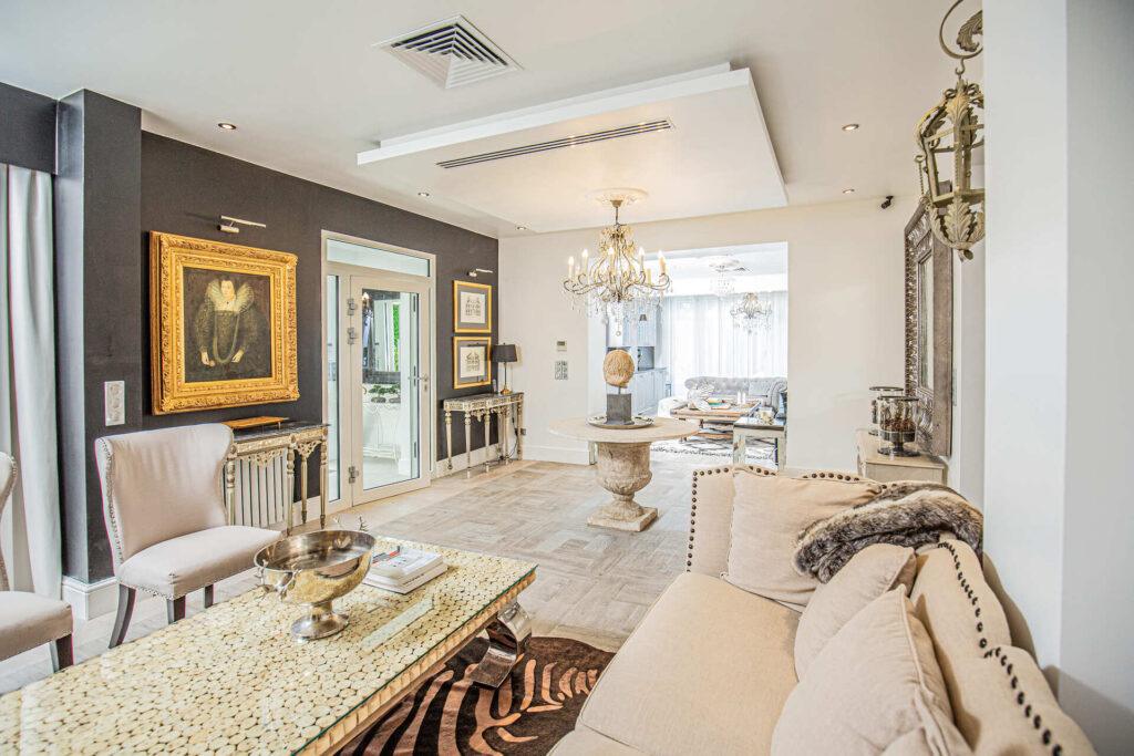 Luxury interior living room/kitchen/dining room at Villa Cap Élan, Cap d'Antibes