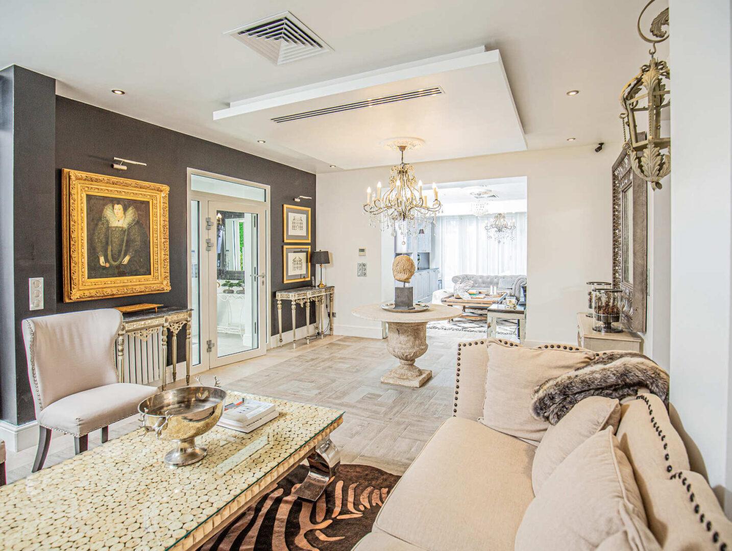 Luxury interior living room/kitchen/dining room at Villa Cap Élan, Cap d'Antibes