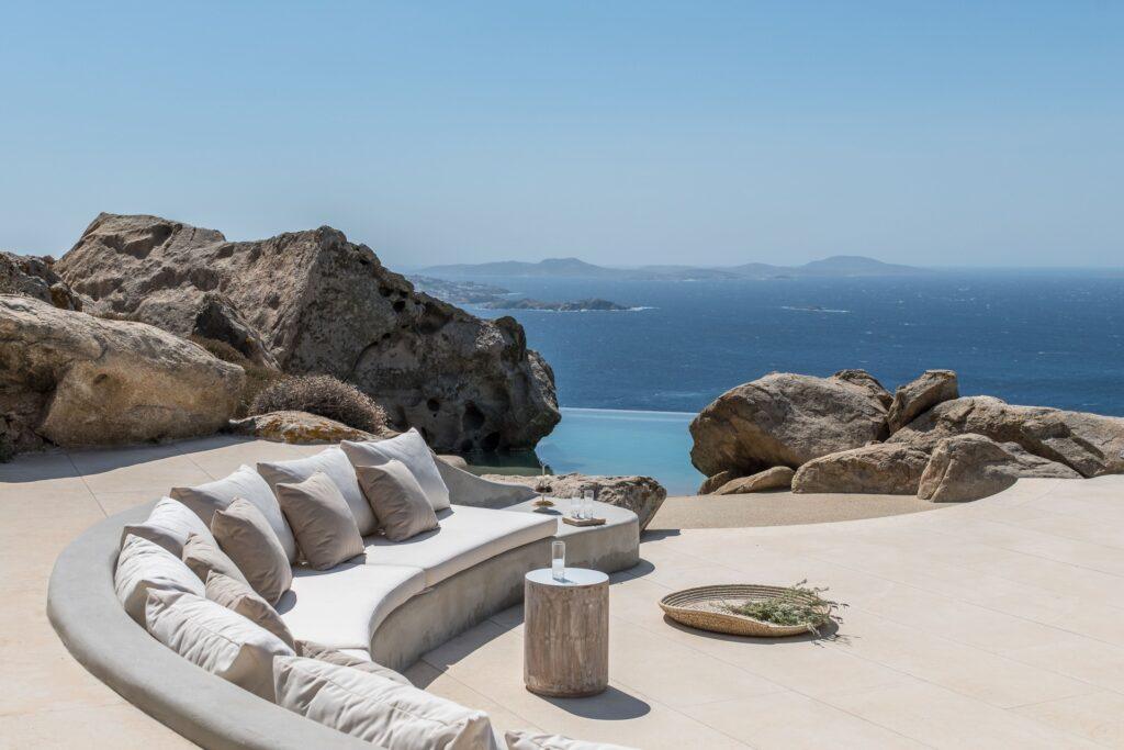 private infinity pool built into rock at Villa Nema, luxury villa Mykonos