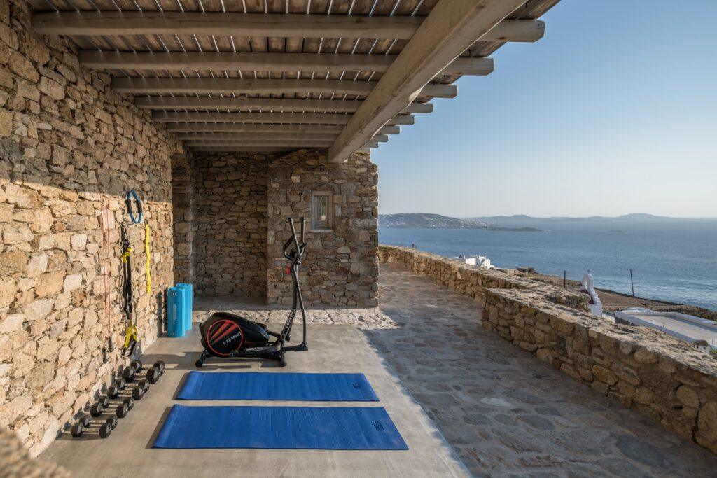 outdoor gym with Aegean views at Villa Nema, luxury villa Mykonos