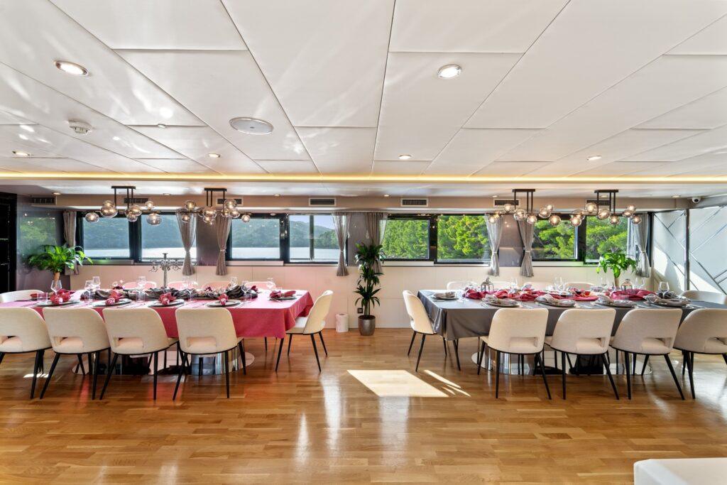 Free Spirit piano salon formal dining 24 guests Croatia superyacht