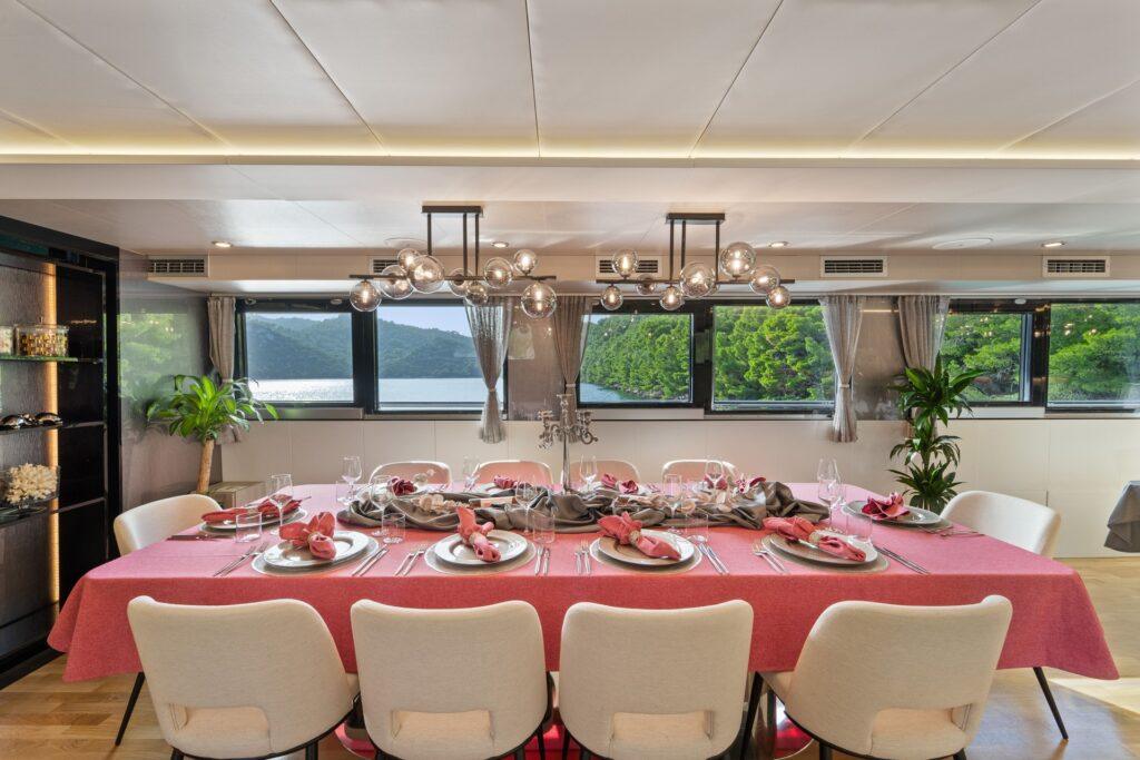 Free Spirit piano salon formal dining 24 guests Croatia superyacht