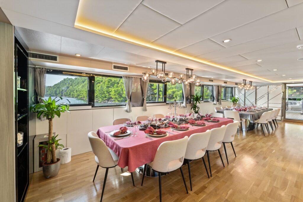 Free Spirit piano salon formal dining 24 guests Croatia superyacht