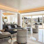 minimalist living and dining room at Vos Estate, luxury villa Mykonos